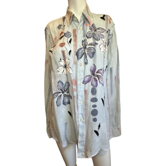 Alessandro Gherardeschi Blue Floral Linen Oversized Italian Designer Blouse XL - Picture 1 of 12